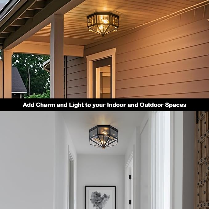 10.25 Inch Copper Outdoor Flush Mount Ceiling Light Fixture | Black and Brass Finish, 2-Light Design, E12 Base, Indoor and Outdoor Use, Vintage Industrial Style, Octagonal Shape