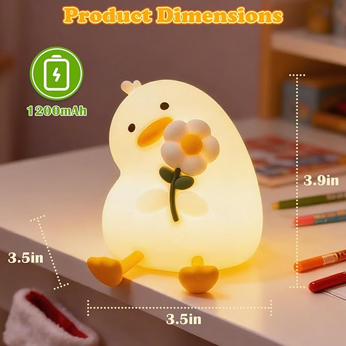 Animal Night Light for Kids, Cute Duck Night Light with Timer, Dimmable Silicone Lamp with 3 Brightness Levels, Rechargeable Nightlight, LED Squishy Bedside Lamp for Boys Girls Toddler (Flower Duck)