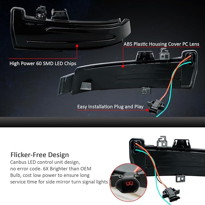 D-Lumina Dynamic LED Side Mirror Sequential Turn Signal Lights Smoked Lens for Merce-des Benz A/B/C/E/S/CLA/GLA/GLK/CLS Class W204 W176 W212 W246 W221 C250 C300 C350, Side Marker Blinkers Mirror Light