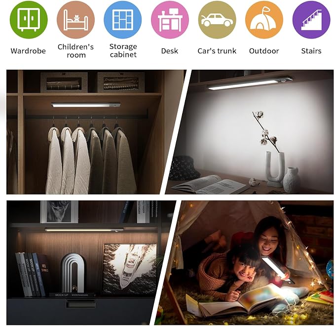 2 Pack Under Cabinet Lighting, 12in Rechargeable Motion Sensor Light Indoor | 3 Color Temperatures, 88 LEDs, Wireless, Magnetic Mount, Aluminum Alloy Closet lights, for Kitchen, Stairs, Wardrobe