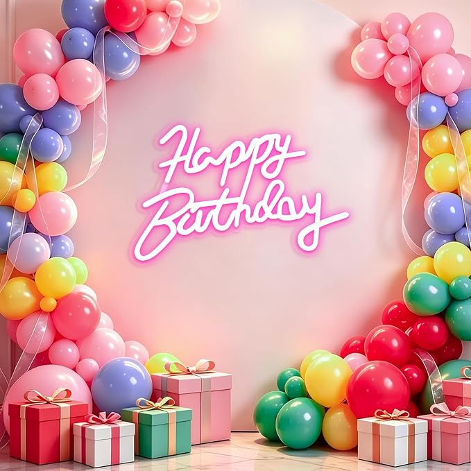 Happy Birthday Neon Sign for Wall Party Decor, LED Happy Birthday Light up Sign for Backdrop, 16"x 11" USB Powered 10 Brightness Settings Light up Signs Party Decorations Backdrop, Pink