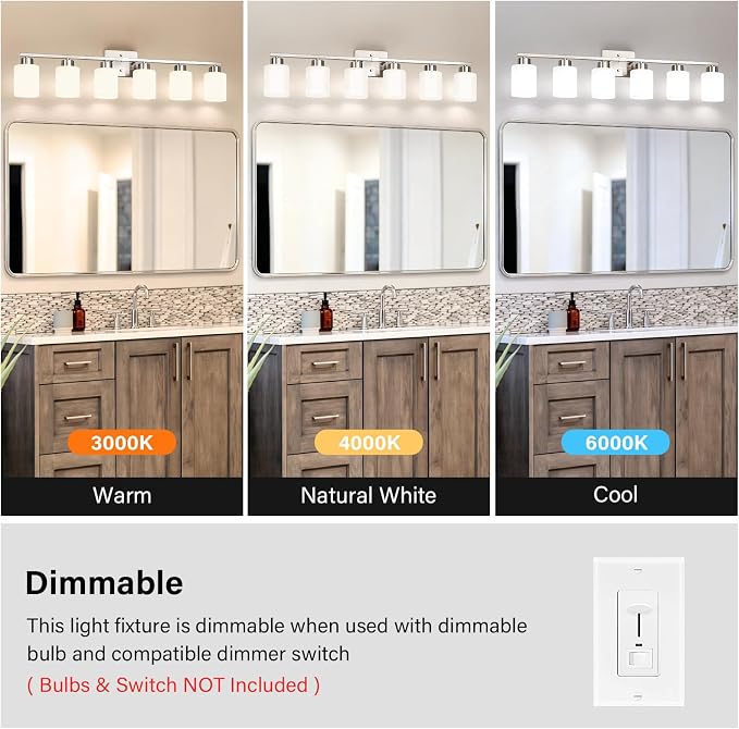FonmYim Brushed Nickel Bathroom Light Fixtures Vanity Lights Over Mirror | Modern 6-Light lighting fixtures for bathroom with Milky White Frosted Glass Shades, E26 Socket (Bulbs Not Included)