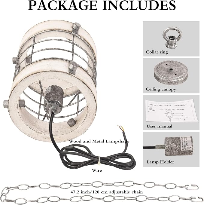 Retro Industrial Metal and Wood Chandelier 1-Light Round Cage Pendant Light Fixture for Kitchen Island Foyer Hallway Bar Dining Room Restaurant, D 7.9" x H 8.7" (White)