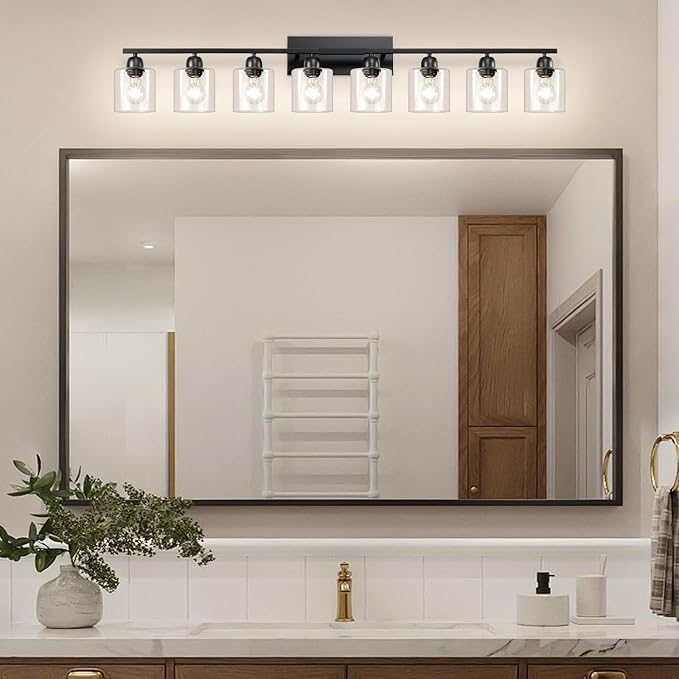 Modern 8 Light Bathroom Light Fixtures, 52 inch Vanity Lights for Bathroom with Clear Glass, Black Bathroom Light Fixture for Mirror Kitchen Living Room Hallway Cabinet Porch
