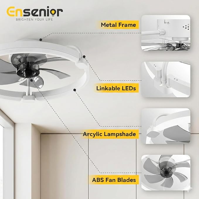 Ensenior 20 Inch Flush Mount Ceiling Fans with Lights, APP Control, White | Quiet Reversible Motor, Night Light Mode, 6 Speeds, 3CCT, Dimmable, Low Profile, Remote, Memory Function, Timer, Bedroom