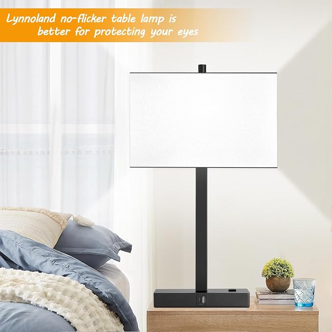 Lynnoland 21" Set of 2 Table lamp with USB A+C & AC Outlets, Touch Control 3-Way Dimmable Nightstand Lamps for Bedroom Living Room Office Reading, White Shade Touch Lamps, 5000K LED Bulbs Included
