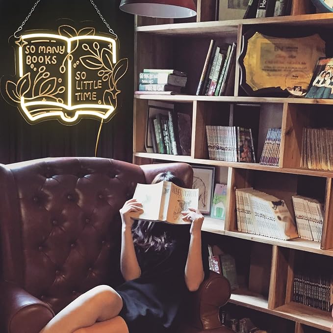 PMCVYH So Many Books So Little Time Neon Sign for Wall Decor, Reading Led Signs for Library, USB Dimmable Neon Lights for Classroom Read Corner Bedroom Study Room Home Book Club Motivational Wall Art