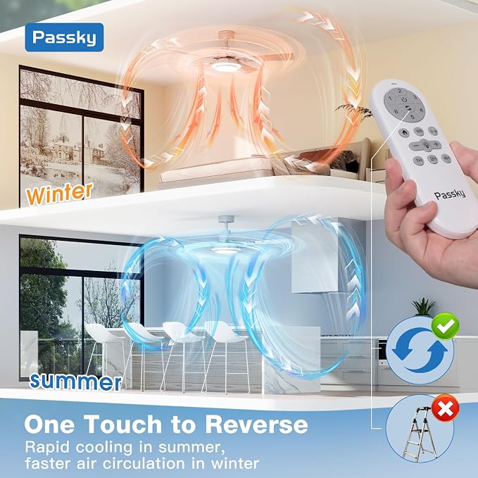 Passky 52 Inch Silver Sleek Ceiling Fans with 2-Ring Lights, Remote Control | 3-color dimmable light, quiet reversible DC motor, easy install, memory, Timer, bedroom, covered outdoor areas