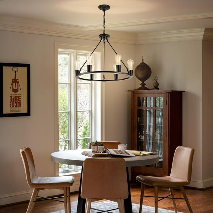 Black Chandelier, 6-Light Dining Room Light Fixture, Round Farmhouse Wagon Wheel Chandeliers for Dining Room Living Room Entryway Kitchen Island Dia 24"