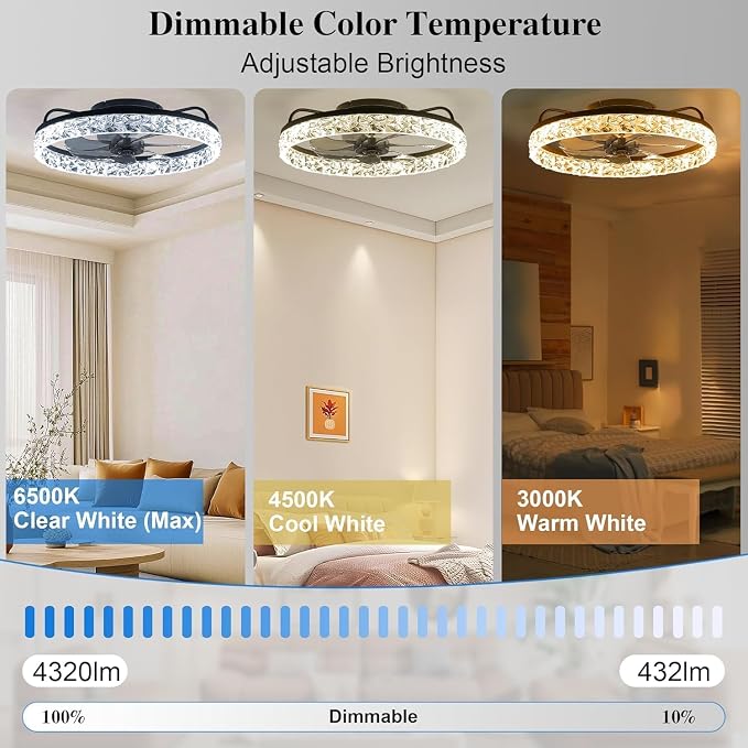 Ceiling Fans with Lights and Remote Fandelier - Low Profile Modern - 20'' Flush Mount Ceiling Fans for Bedroom,Stepless Color Temperature and 6 Speeds- Black and Crystal