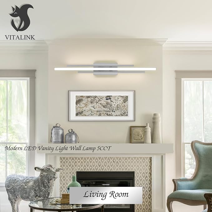 VitaLink 35 Inches Nickel LED Modern Bathroom Vanity Light Fixtures 25W Dimmable 5CCT Vanity Light Bar Over Mirror 3-Light Wall Light for Bathroom Over Mirror Picture Light