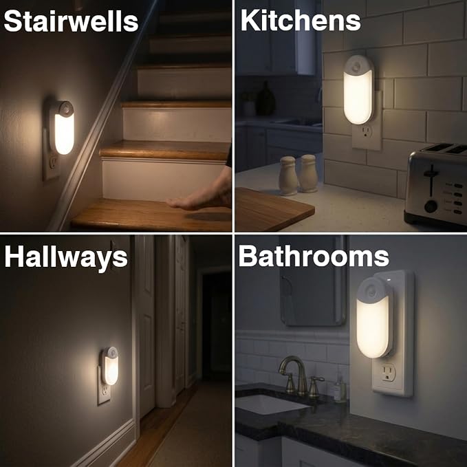 Camelion 4-in-1 Power Failure Night Light,Flashlight,Motion Sensing, 3-Pack | Rechargeable LED Plug-In Light,Battery Backup for Emergency & Power Outages,Dusk-to-Dawn Auto On, ETL Safety Certified