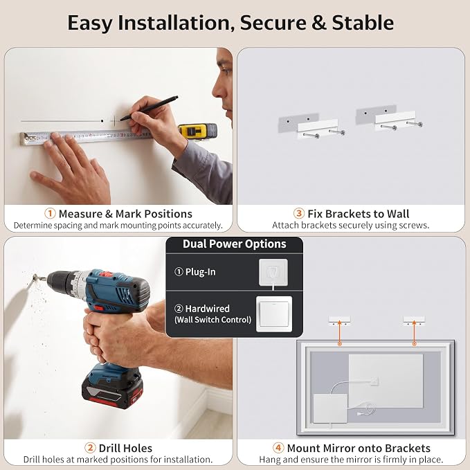30"x50" LED Bathroom Mirror with Lights, Front & Backlit, Anti-Fog | Lighted Mirror with Dimmable, Aluminum Frame, 3 Color Temperature, CRI 90+, Touch Control with Memory, HD Tempered Glass