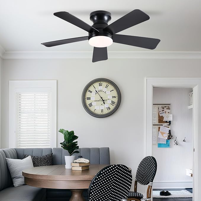 41 inch Ceiling Fans with Lights, Black Flush Mount Ceiling Fan with Remote, 3CCT, LED Dimmable, Reversible, 6 Fan Speeds, Quite Low Profile Ceiling Fan with Lights Modern Bedroom Kitchen Indoor