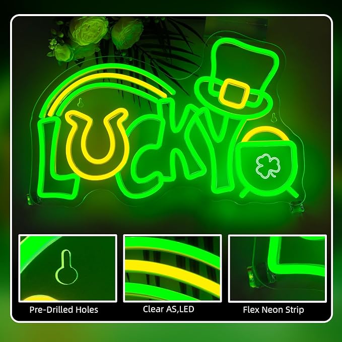 Lucky Clover Neon Sign Green Leaf Light for St. Patrick's Day Decoration | 15.7IN*9.8IN,Five level brightness adjustment,USB power,For Bar,Club,Pub,Party,Restaurant,Bedroom,Home,Family