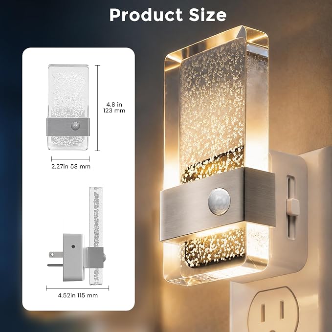 L LOHAS LED Motion Sensor Night Light, Night Light Plug Into Wall 2 Pack | Silver Nightlight, Motion Activated and Dusk to Dawn Sensor, 0-100LM Dimmable, Warm White Nightlights for Bathroom, Hallway