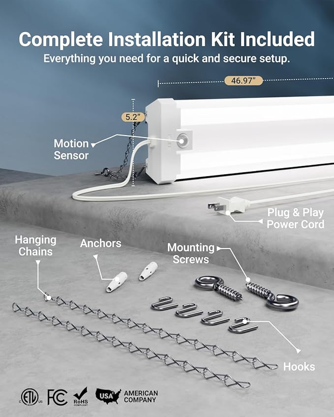 Sunco 5 Pack Motion Sensor 4ft LED Shop Light, Garage Lights Ceiling LED Plug-in Fixtures, 40W, 5000K Daylight, 4300 Lumens, Frosted, Motion Activated, Linkable Suspension Mount, ETL