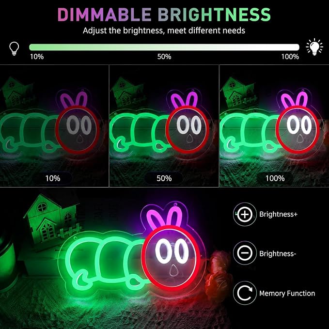 Cute Caterpillar Neon Sign for Wall Decor, Colorful LED Light Up Sign for Kids Bedroom, Baby Nursery, Playroom, Pink Green Red Neon Light, USB Powered Acrylic Sign, Gift for Boys & Girls