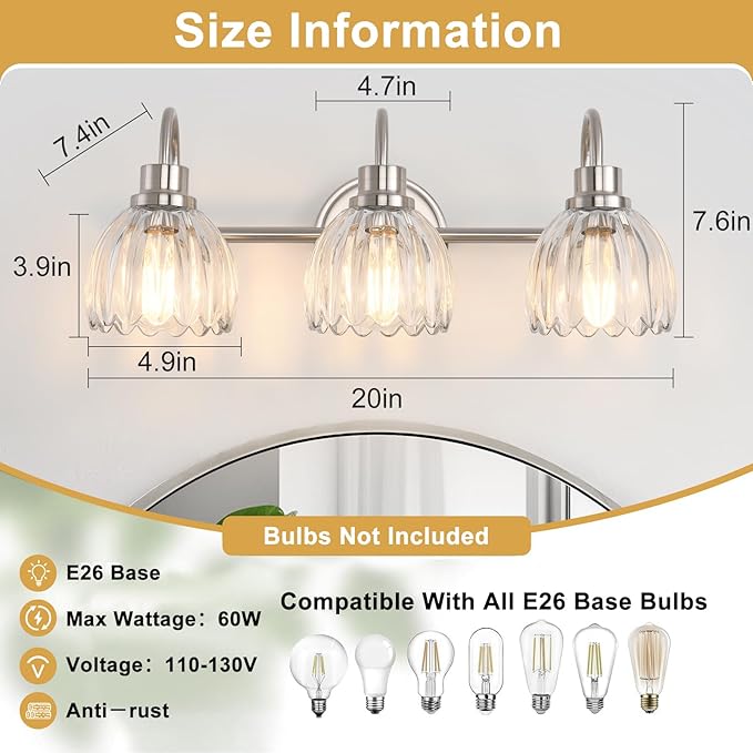 Bathroom Light Fixtures (3-Light, 20 Inch), Brushed Nickel Vanity Lights for Bathroom with Ribbed Clear Tulip Glass Shade, Vintage Vanity Wall Lights for Mirror Bedroom Living Room Hallway