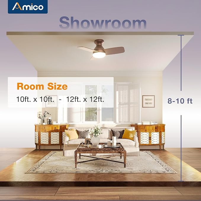 Amico 30 Inch Brown Low Profile Ceiling Fans with Lights and Remote | Flush mount, 3-color dimmable light, quiet reversible DC motor, easy install, memory, timer, bedroom, covered outdoor areas