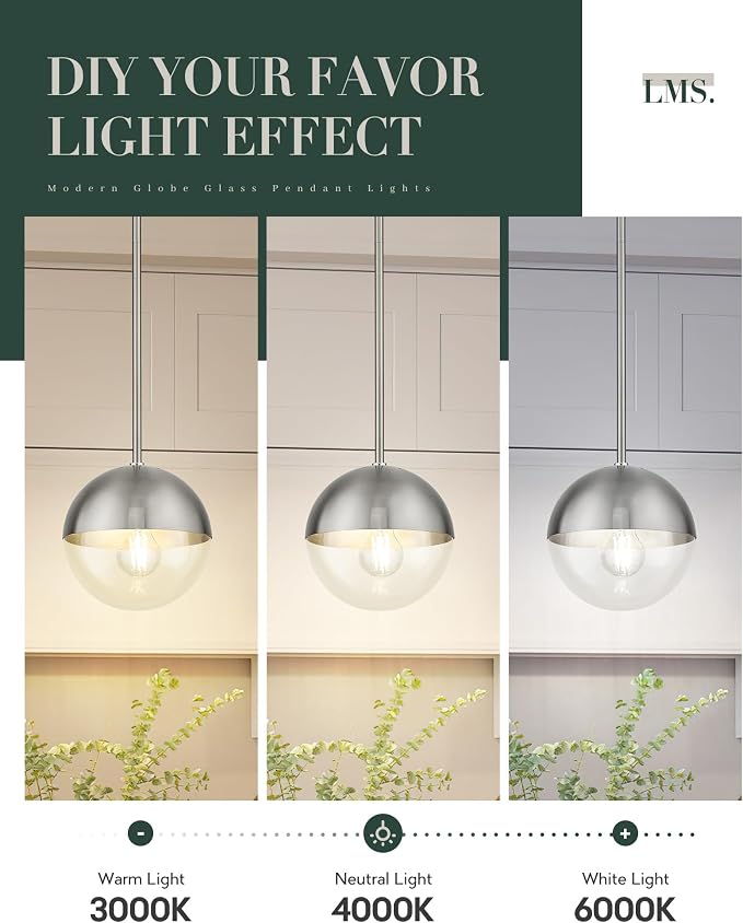 Modern 1-Light Pendant Light Fixtures, Brushed Nickel Kitchen Island Pendant Light Fixtures with Clear Globe Glass, Adjustable Hanging Rod Ceiling Light for Dining Room Bathroom, LMS-186BNC