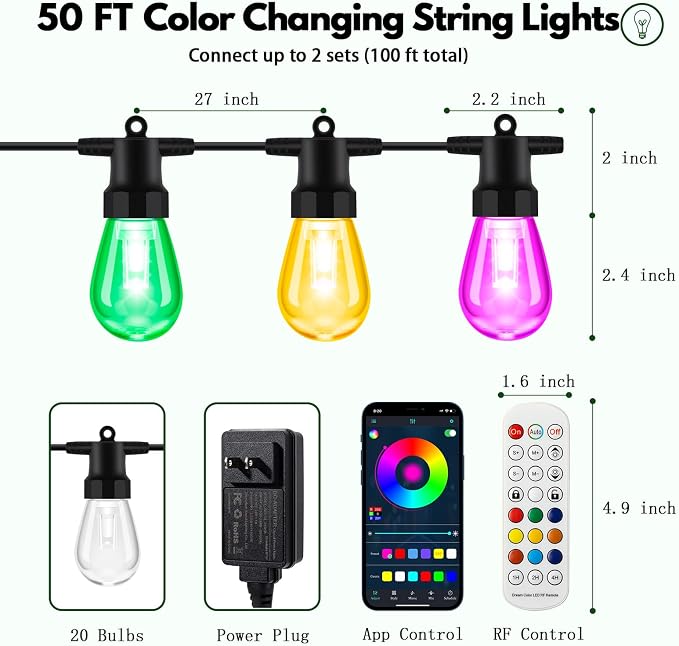 BBG Color Changing Outdoor String Lights Waterproof, 50FT Patio Lights | 20 Shatterproof LED Bulbs, RGBW 2700K Warm White, Smart App and Remote Control, Custom Colors, Dimmable, Music Sync and Timer