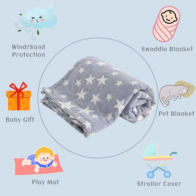 NTBAY 3 Layer Oversized Muslin Toddler Blanket, 45 x 60, Blue/White Star | Muslin Cotton Outer Layers with Light Thermal Fiber Fill, Reversible Blanket for Daycare, Travel, Naps, and Supervised Use