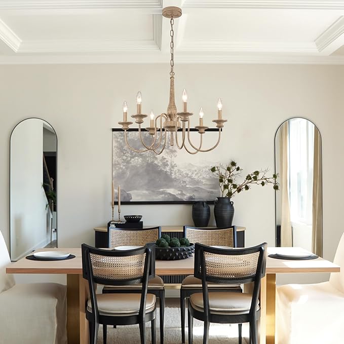 24" French Country Chandelier for Kitchen Island, 9-Light Farmhouse Pendant Light Fixture in Antique White, Adjustable Height for Dining Room & Living Room, Foyer