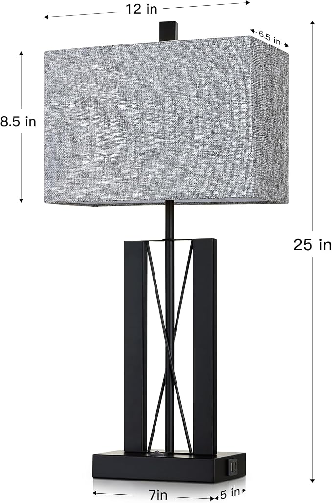 Lolikit 25" Table Lamps Set of 2, Modern Table Lamp for Living Room with 2 USB Charging Ports, Nightstand Geometric Industrial Bedside Lamp with Gray Shade for Bedrooms End Table Decor, Bulbs Included