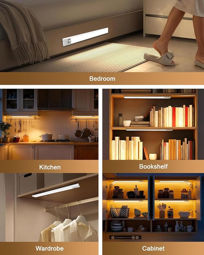Under Cabinet Lighting,80LED Motion Sensor Light Indoor with Remote,2200mAh Rechargeable Closet Lights Wireless,Dimmable,3Color Temps,Magnetic Under Counter Lights for Kitchen,Stair, 2Pack