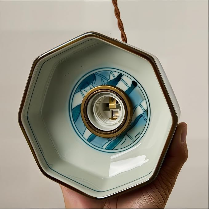 Vintage Ceramic Pendant Light, 5.9" Farmhouse Hand-Painted Hanging Light with Gold Metal, Antique Ceramic Pendant Lighting for Kitchen Island, Dining Room, Bedroom Bedside, Cafe (Teal)