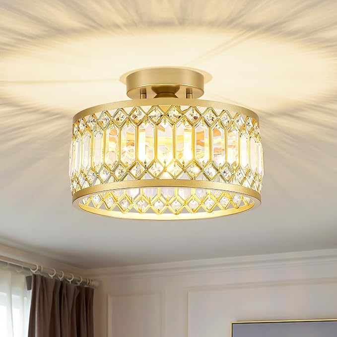 Pevfah Crystal Gold Ceiling Light, 1-Light Semi Flush Light Fixture, 11 in | Flush Mount Hallway Chandelier, Small Light Fixture Ceiling Mount, Modern Ceiling Lamp for Entryway Closet, Bulb Not Included