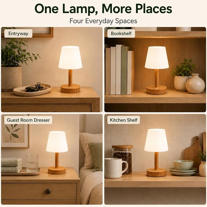 Rechargeable Table Lamp, Mini Cordless Shower Lamp for Bathroom, IP54 | Warm Oak-Look Body, Compact Fit for Small Surfaces, Warm-to-Cool Ambience, Touch Dimming with Brightness Memory