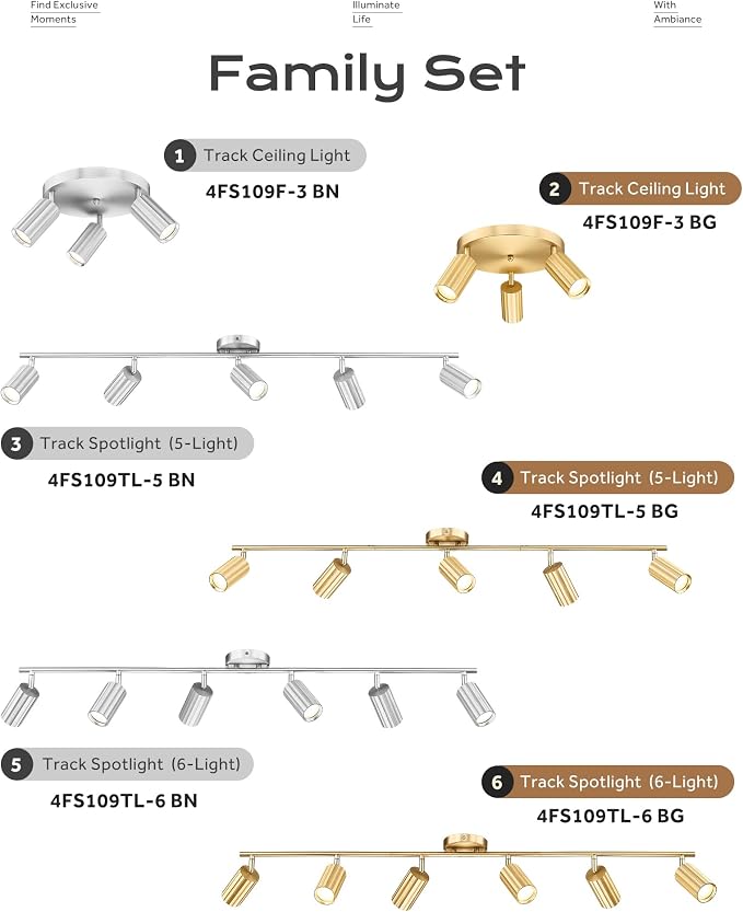FEMILA Brushed Gold Round Track Lighting Fixtures Ceiling, 3 Light Track Lighting Fixtures with 3000K GU10 Bulbs, Track Lights for Kitchen, Hallway, Living Room, Office, 4FS109F-3 BG