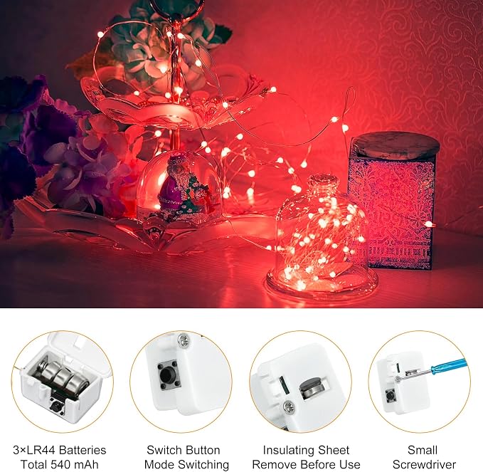 btfarm 12 Pack Fairy Lights Battery Operated Twinkle Lights with 3 Modes | 7Ft 20 Led String Light, Waterproof Mini Silver Wire for Christmas Mason Jars Wedding Table Centerpiece, Red