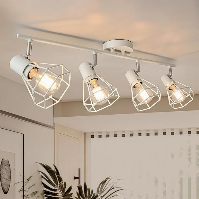 HiBay 4-Light Ceiling Track Lighting Fxiture White, Modern Spotlight, E26 | Rotatable 4 heads with farmhouse metal cage shade for kitchen bathroom vanity dining room, bulb not included