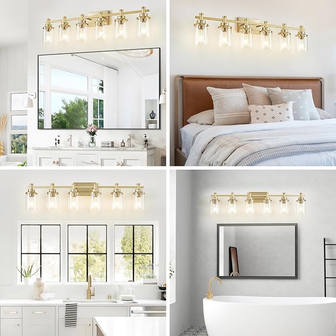 Brushed Brass 6-Light Vanity Light Fixtures with Clear Glass Shades Over Mirror for Bathroom, Living Room, Hallway