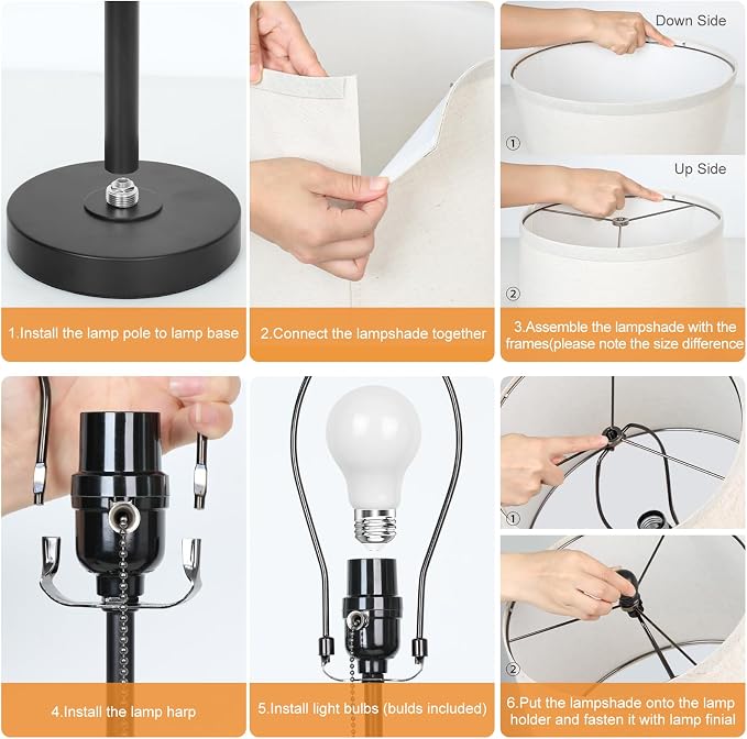 Black Bedside Lamp Tall Table Lamp 22" to 30" Adjustable Height 3 Brightness Way Nightstand with Beige Linen Shade Pull Chain Pole Lights for Living Room Guest Bedroom End Table(Bulb Included, Single)