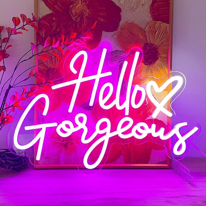 Hello Gorgeous Neon Signs for Wall Decor with Heart, Purple Gorgeous LED Sign Lights for Bedroom Dorm Home Salon Wedding Party, 16"x12" Preppy Cute Room Decor Woman Cave - 100,000H Lifespan