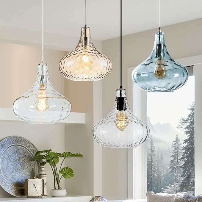 11 Inch Hammered Glass Pendant Light Black Farmhouse Ceiling Lamp | Diffuse soft lighting, adjustable hanging cord, E26 base, perfect decorative fixture over sink kitchen island & dining space
