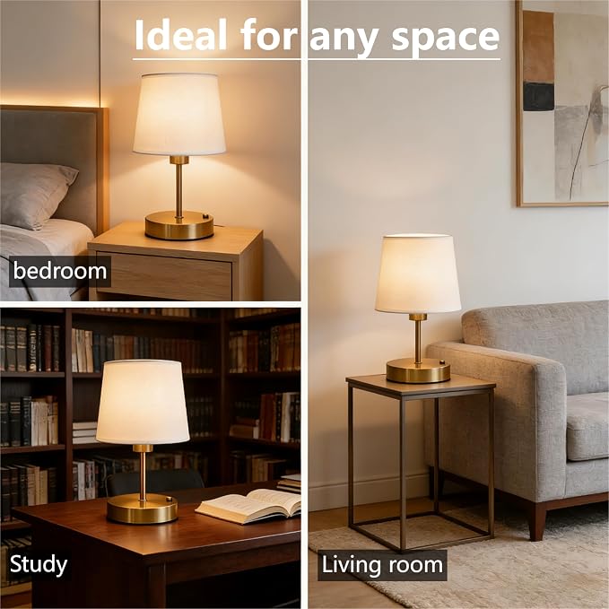 Gold Portable Cordless Table Lamp, Rechargeable Bedside Lamp, Mini | 3000mAh battery, touch stepless dimming, 2700K warm light, fabric shade and USB-C charging for bedroom, nightstand and desk.