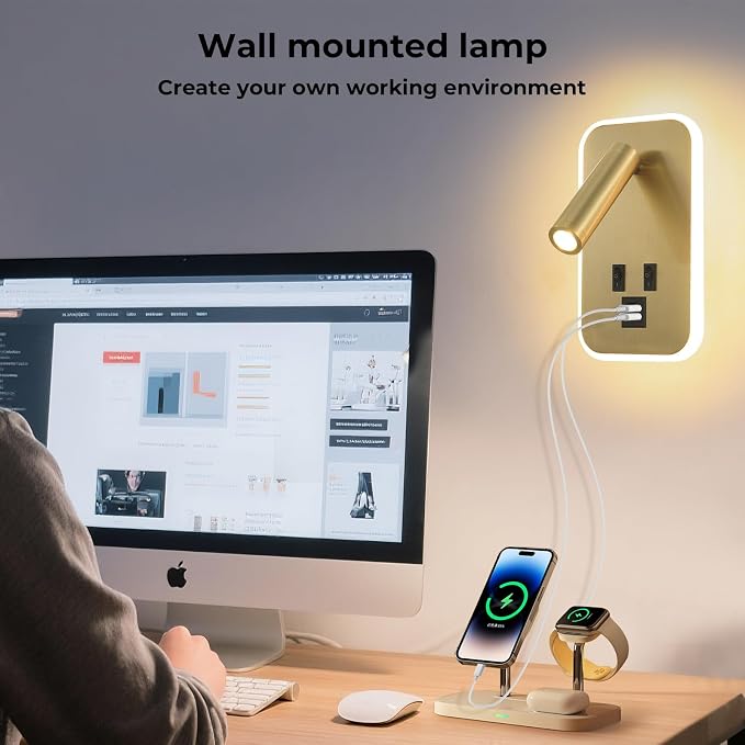 Wall Sconce Plug in with Wall Mounted Reading Lights,Modern Wall Lamp for Bedroom with Charging Station USB C+A Ports,Headboard Bedside Lamps with 3W+9W Night Light,3 Color Temperature