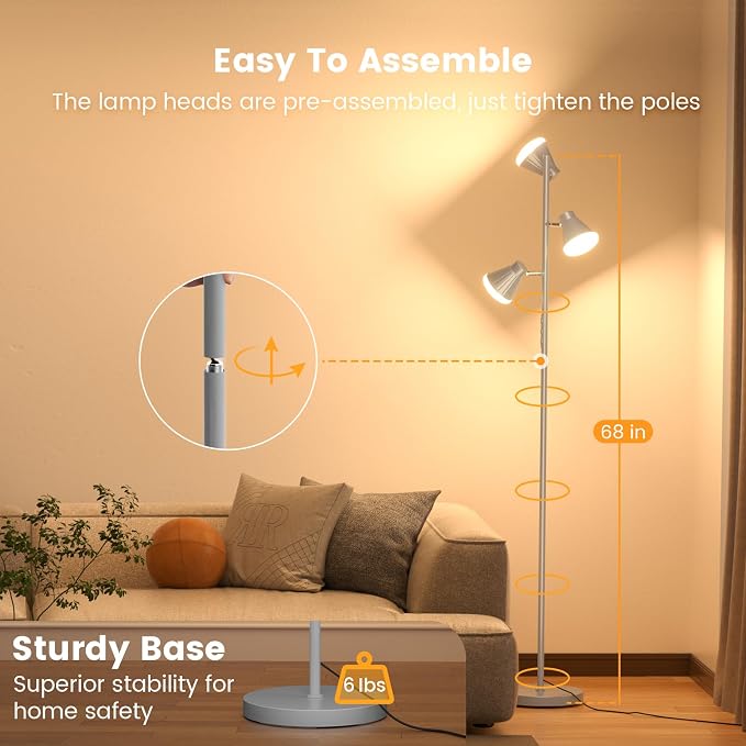 36W LED Tree Floor Lamp, Dimmable Tall Standing Lamp with Remote & Touch Control, 4 Color Temperatures Bright Floor Lamp, 3 Rotatable Light Modern Floor Lamps