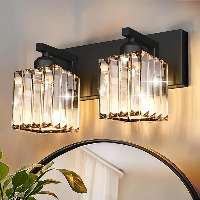 Black Crystal Bathroom Vanity Light, 2-Light Modern Bathroom Lighting Fixtures Over Mirror, Matte Black Wall Sconce with Square Shade
