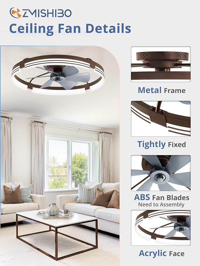 ZMISHIBO Low Profile Ceiling Fans with Lights and Remote, 24" Brown | 3000K-6000K Dimmable Fandelier LED, Flush Mount, 6 Wind Speeds, Reversible, Timer, Bedroom, Living Room, Kitchen, Kids Room