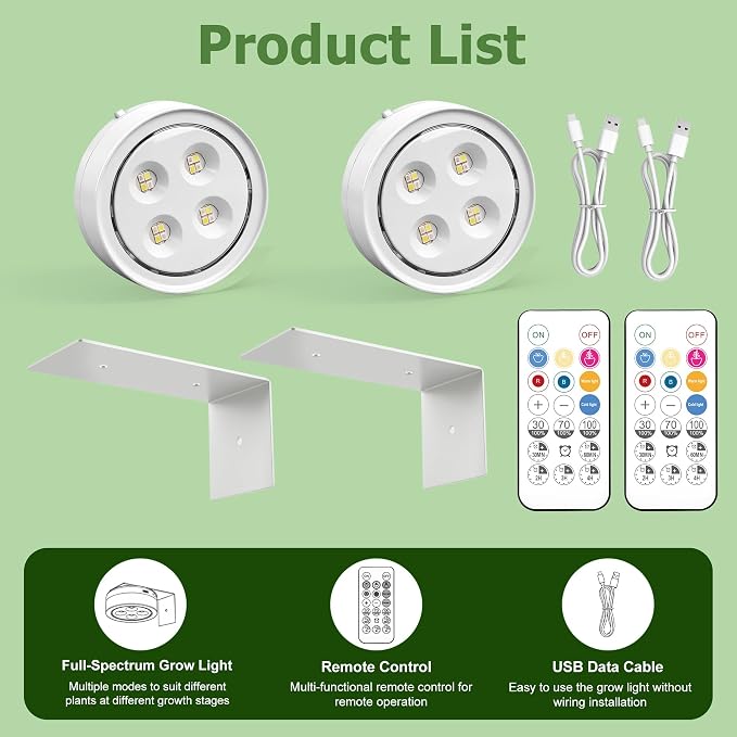 2 Pack Rechargeable Battery Grow Light, Full Spectrum Indoor Plant Light | Cordless, Timer & Remote, Stepless Dimming, Type-C Charging 2000mAh, Wireless Magnetic Puck Plant Lights for Indoor Growing