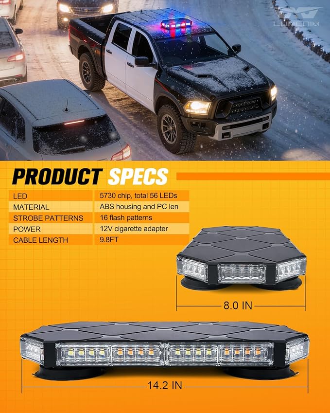 LUMENIX 56 LED Roof Top Strobe Beacon Lights Bar Rooftop Hazard Warning Emergency Safety Flashing Light for Police Law Enforcement Vehicles Fire Trucks Patrol Cars - Red Blue