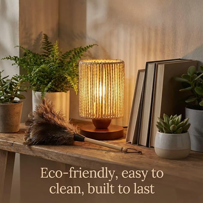Small Rattan Table Lamp for Bedroom, Boho Bedside Lamp with Warm LED Bulb, Handwoven Wicker Nightstand Lamp for Nursery, Entryway & Dorm, Mini Ambient Night Light with Wood Base (8.6" Tall)