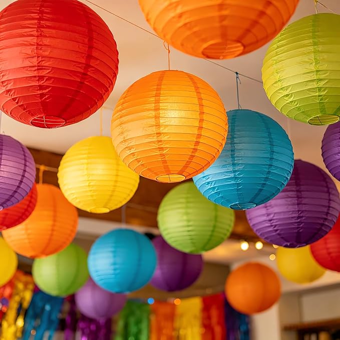 Colorful Paper Lanterns Set (12 Pcs) - 6/8/10 Inch Purple, Orange Red,Blue,Yellow, Red,Green Round Hanging Paper Lanterns for Rainbow Party, Carnival Celebration, Back to School Decor