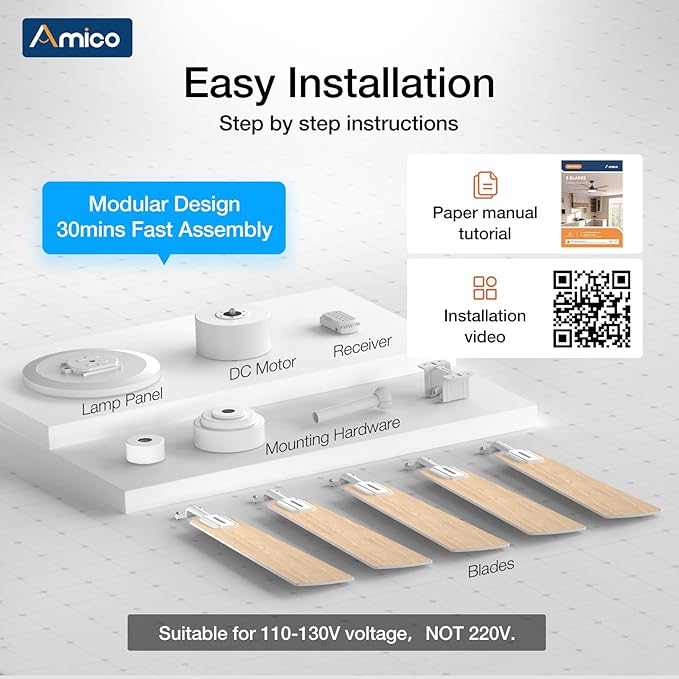 Amico Ceiling Fans with Lights, 52 inch Smart Ceiling Fan with Remote/APP/Alexa Control, Downrod Mount, Reversible DC Motor, 5 Blades, 6 Speeds, 3CCT, Dimmable, Noiseless, Bedroom, Living Room, White